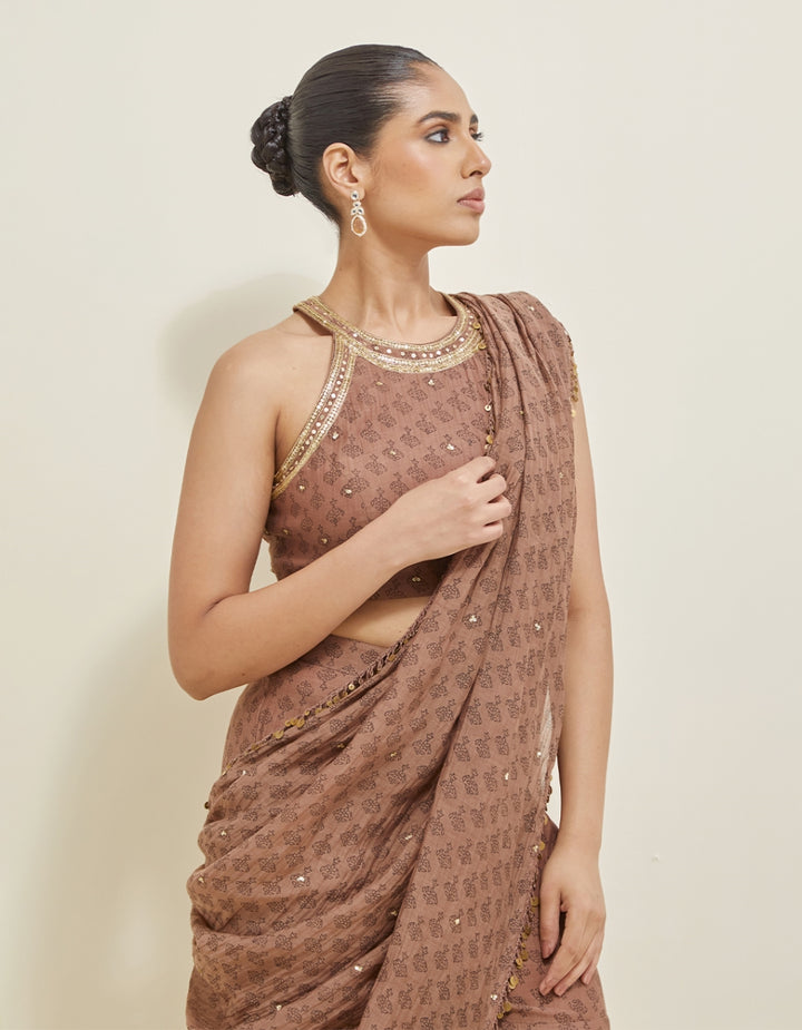 Brown Embroidered Chanderi Gharara Draped Saree Set