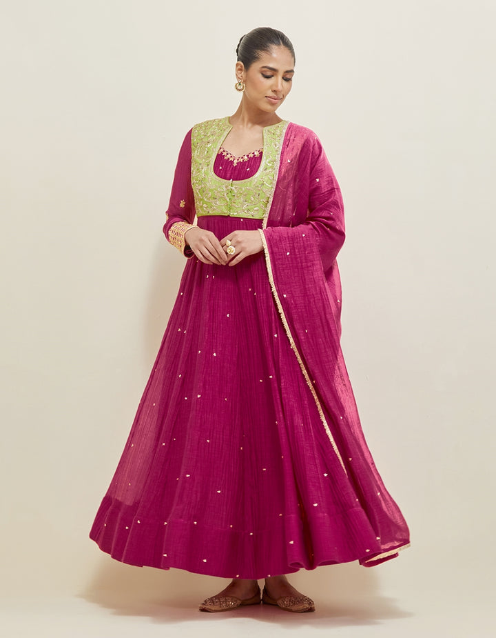 Dark Berry Pink Hand Embroidered Chanderi Anarkali Set
