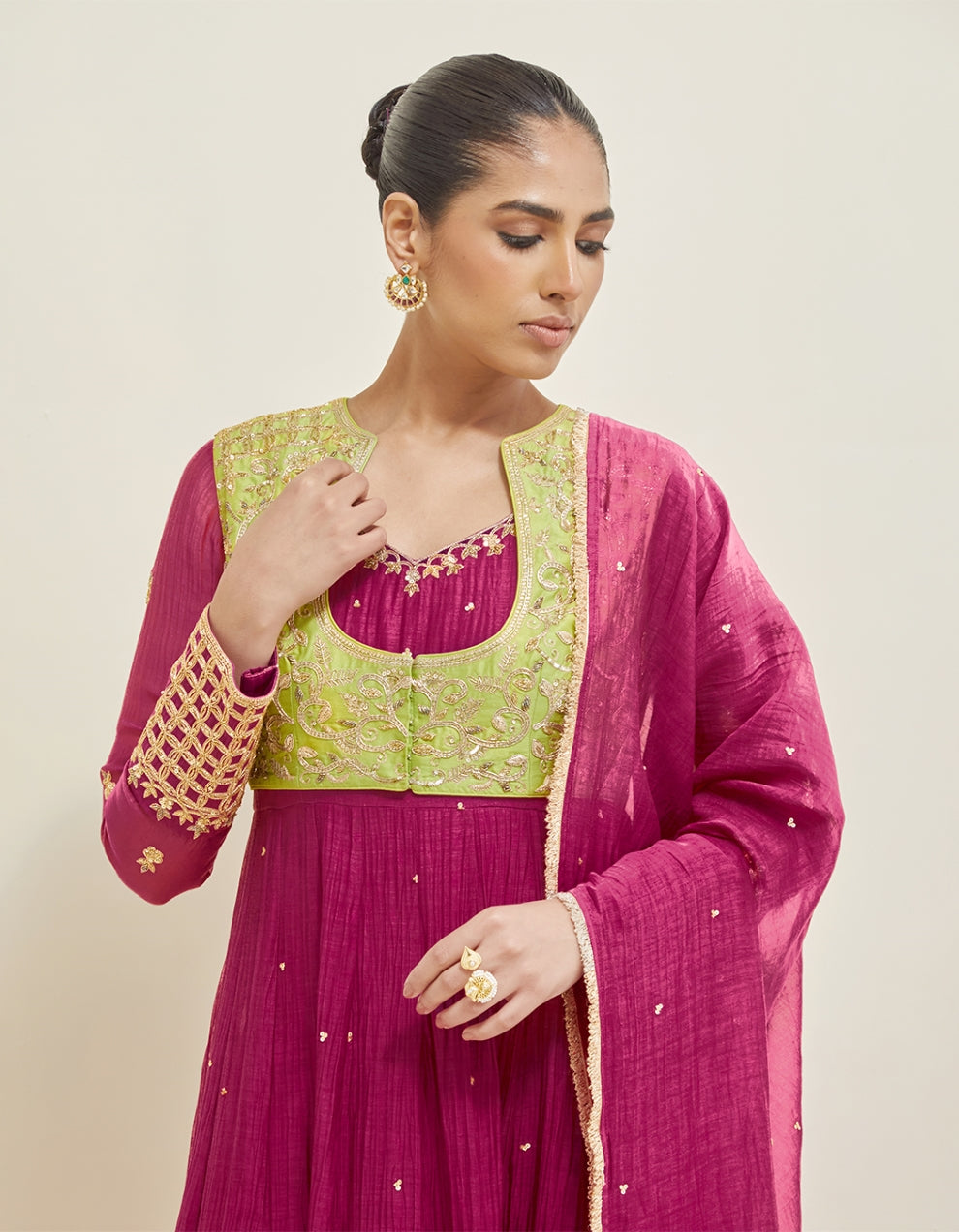 Dark Berry Pink Hand Embroidered Chanderi Anarkali Set