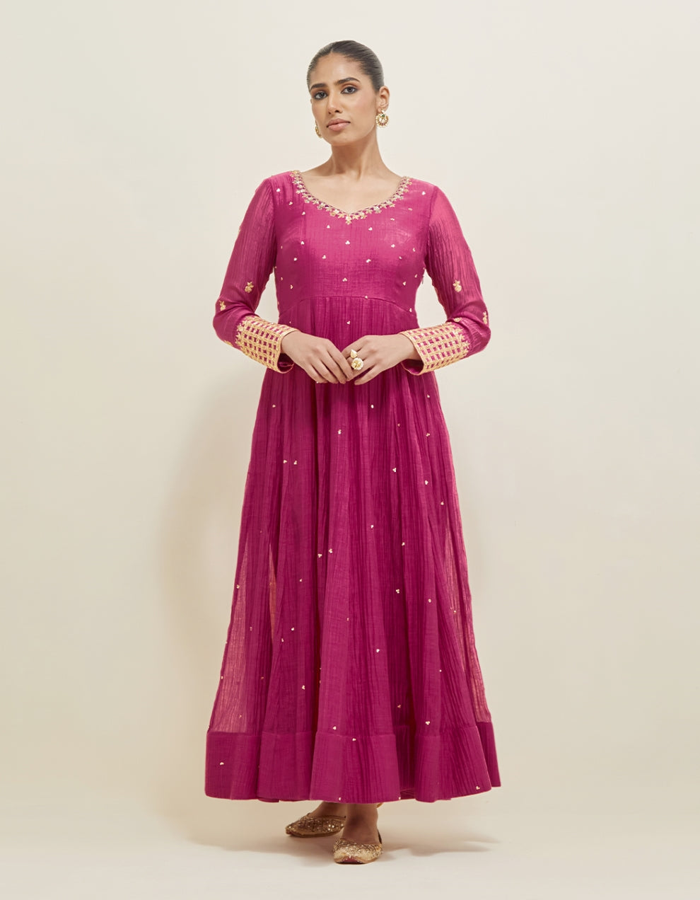 Dark Berry Pink Hand Embroidered Chanderi Anarkali Set