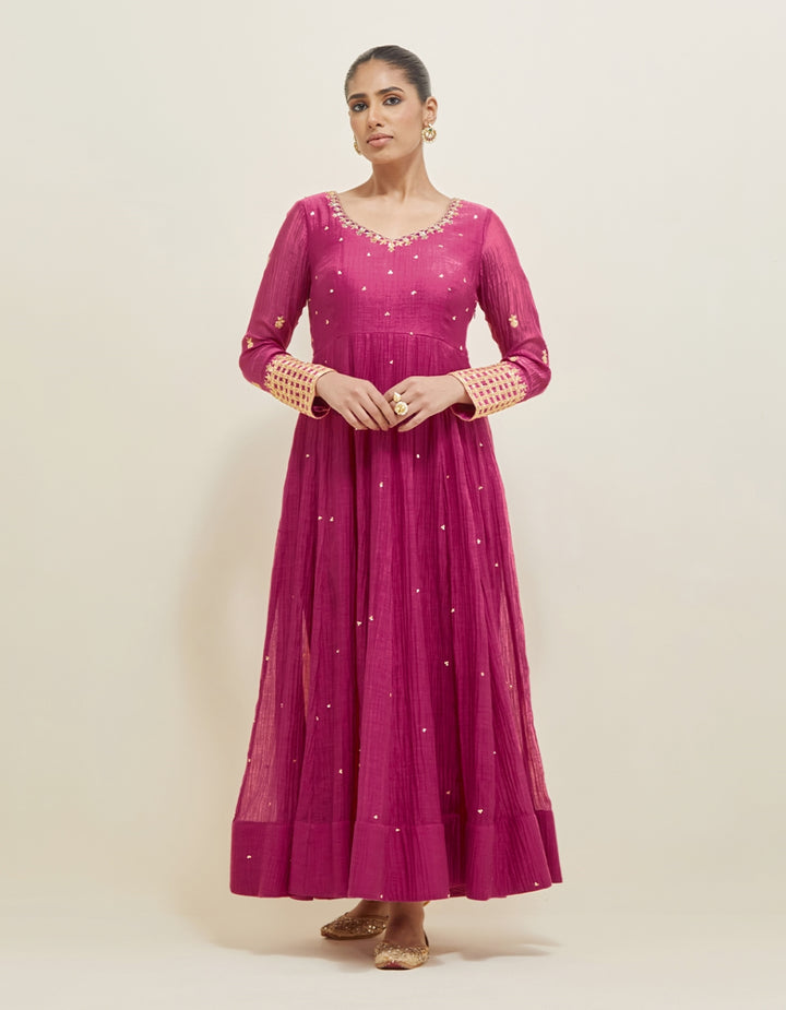 Dark Berry Pink Hand Embroidered Chanderi Anarkali Set