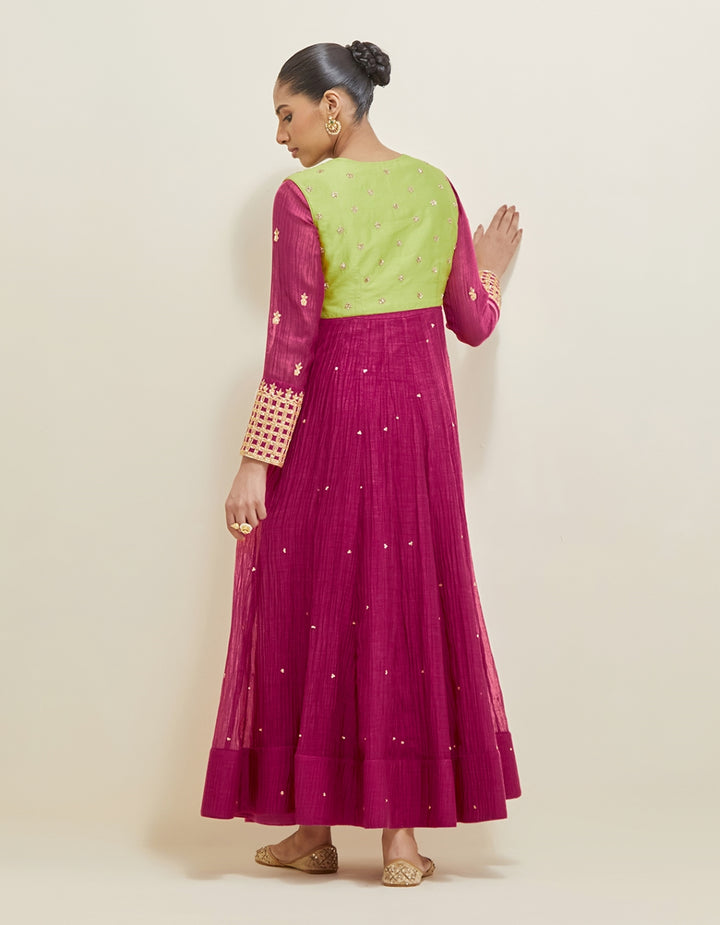 Dark Berry Pink Hand Embroidered Chanderi Anarkali Set