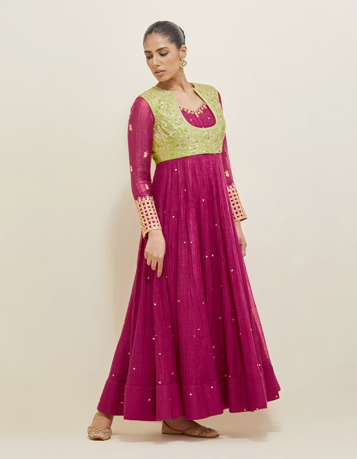 Dark Berry Pink Hand Embroidered Chanderi Anarkali Set