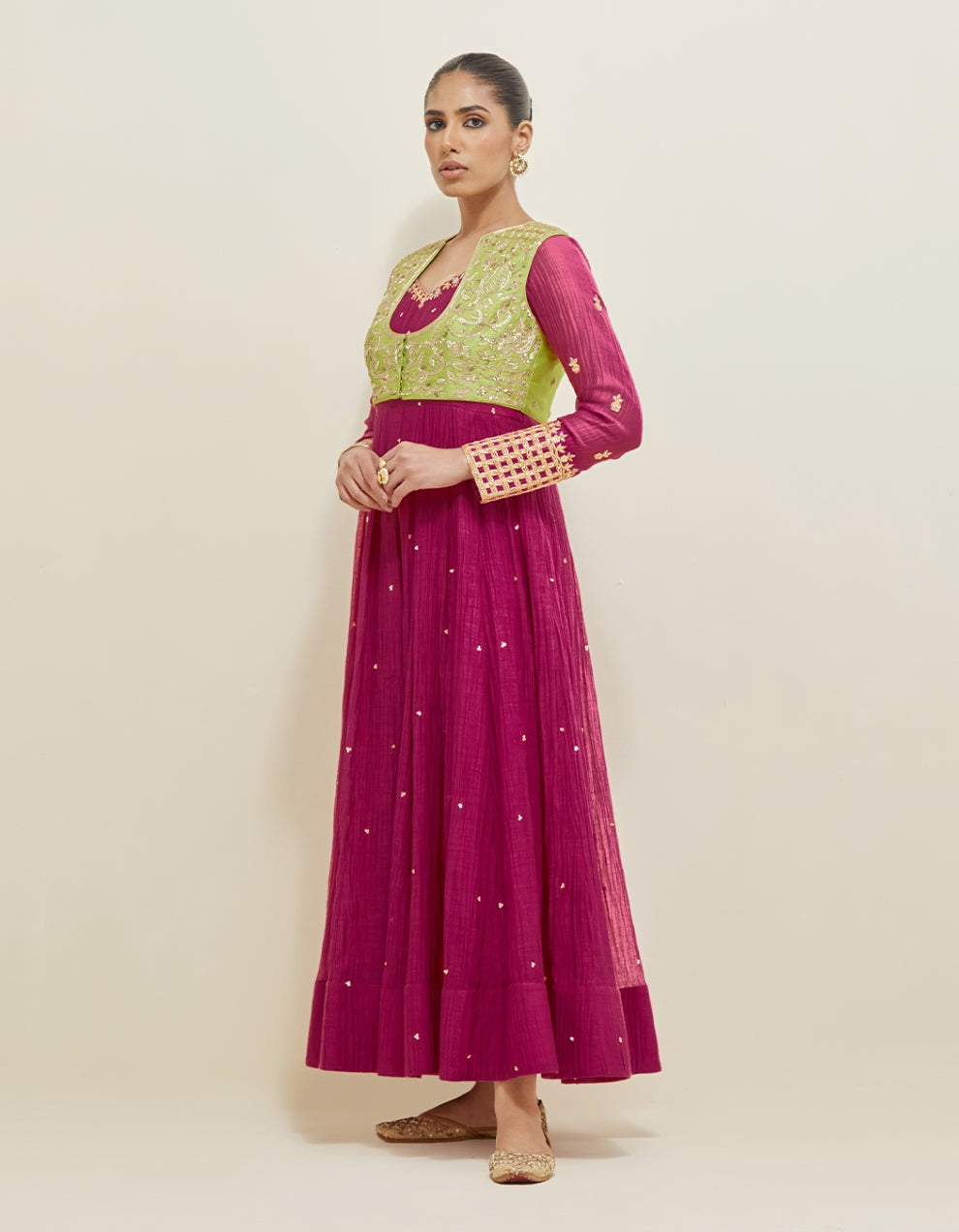 Dark Berry Pink Hand Embroidered Chanderi Anarkali Set