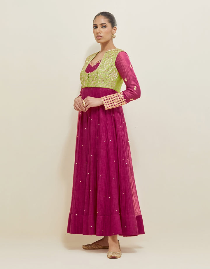 Dark Berry Pink Hand Embroidered Chanderi Anarkali Set