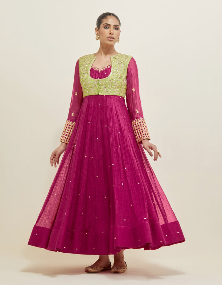 Dark Berry Pink Hand Embroidered Chanderi Anarkali Set