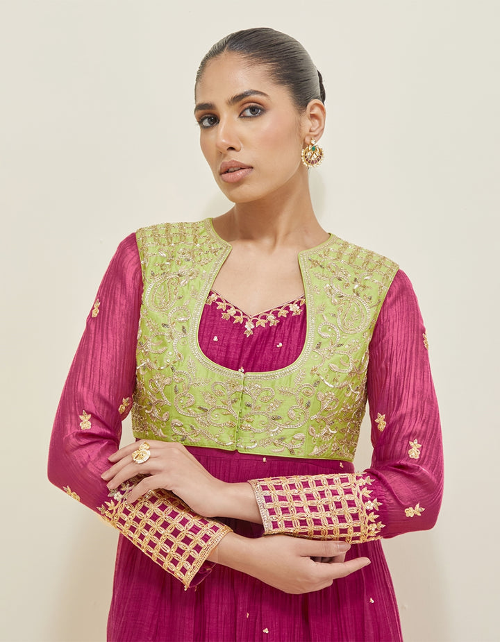 Dark Berry Pink Hand Embroidered Chanderi Anarkali Set
