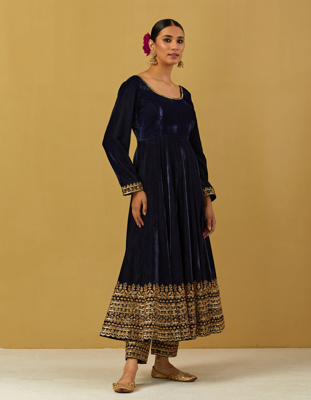 Dark Blue Silk Velvet Embroidered Anarkali With Pants