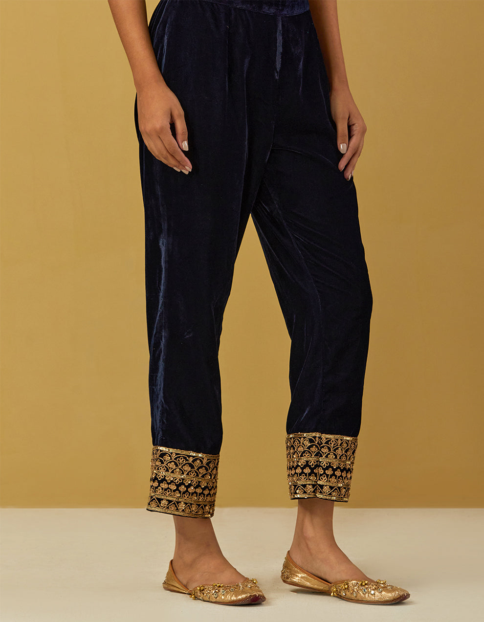 Dark Blue Silk Velvet Embroidered Anarkali With Pants And Dupatta
