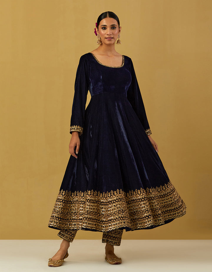 Dark Blue Silk Velvet Embroidered Anarkali With Pants And Dupatta