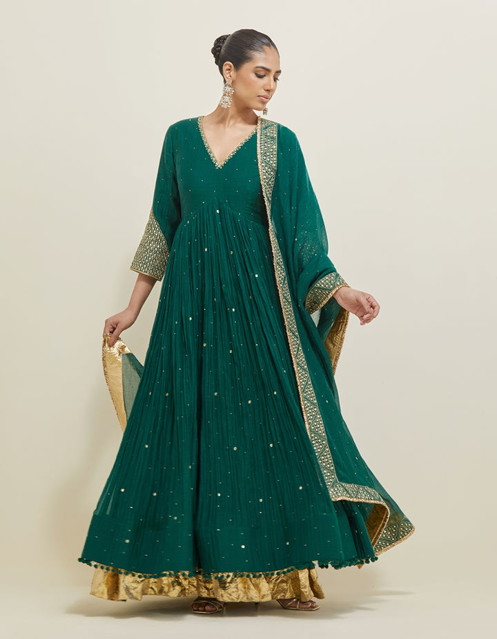 Dark Green Embroidered Chanderi Anarkali Set