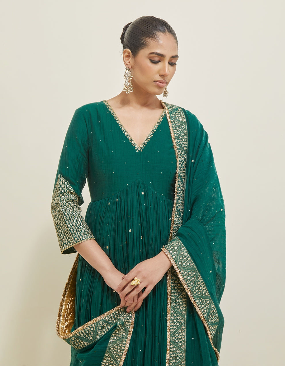 Dark Green Embroidered Chanderi Anarkali Set