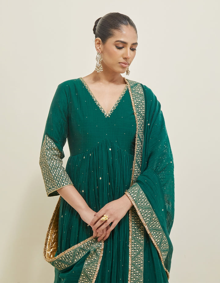 Dark Green Embroidered Chanderi Anarkali Set