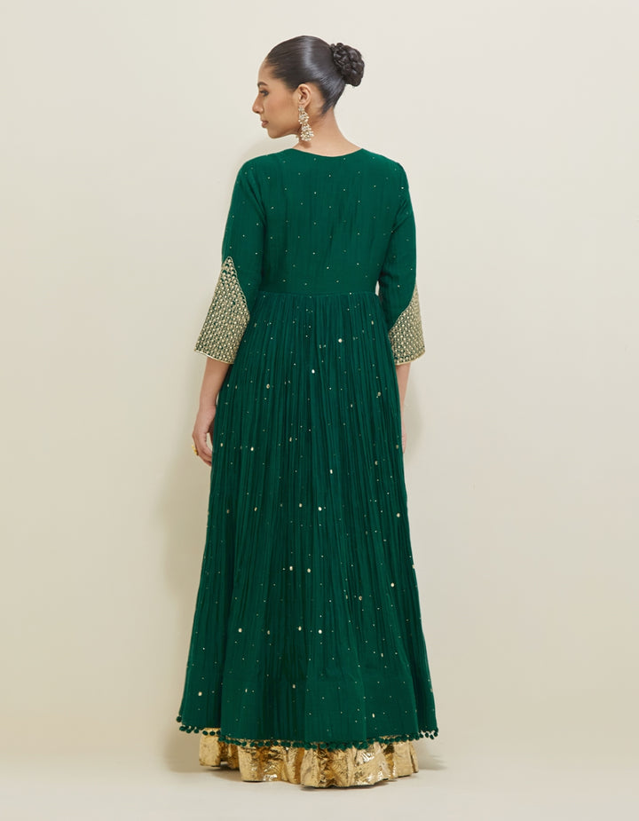 Dark Green Embroidered Chanderi Anarkali Set