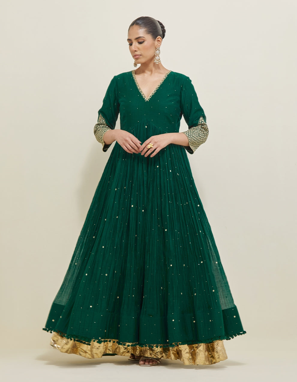Dark Green Embroidered Chanderi Anarkali Set