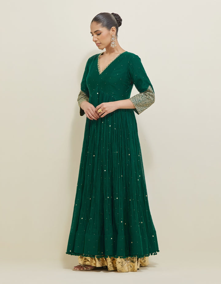 Dark Green Embroidered Chanderi Anarkali Set
