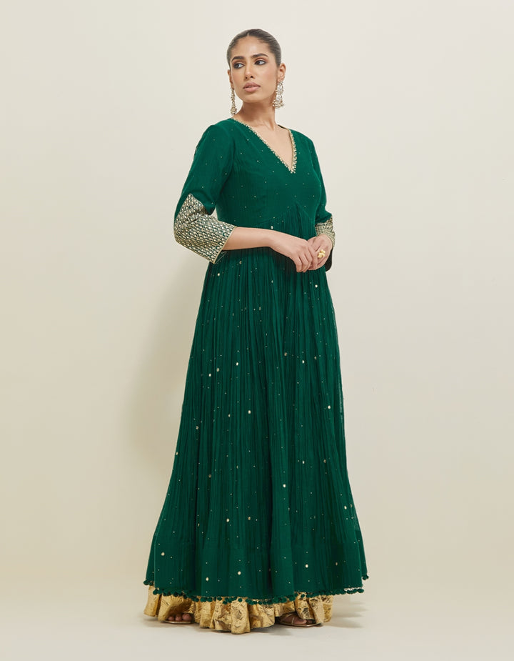 Dark Green Embroidered Chanderi Anarkali Set