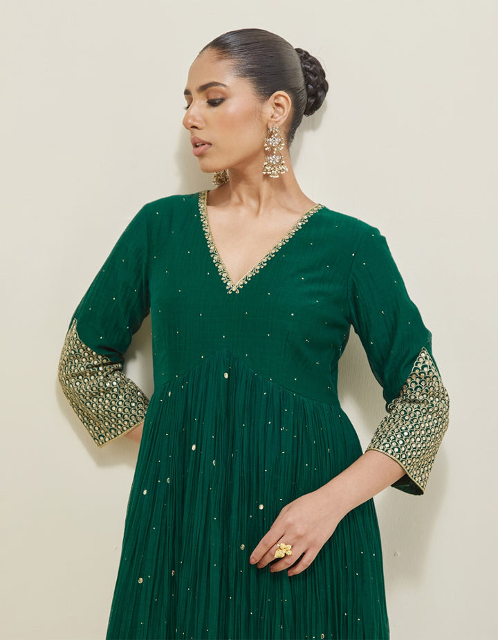 Dark Green Embroidered Chanderi Anarkali Set
