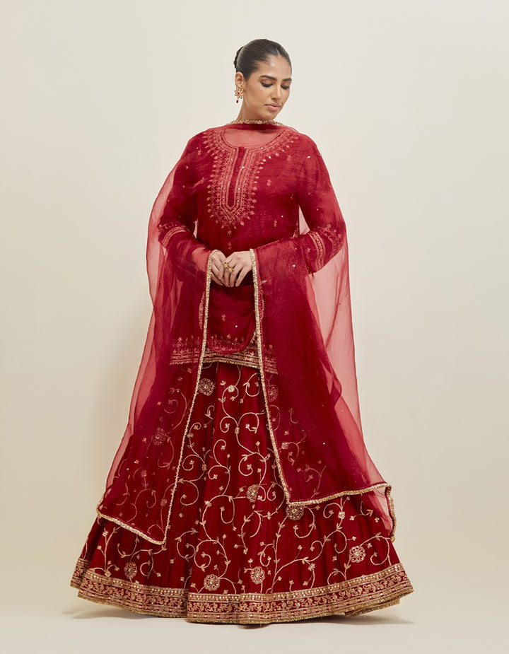 Deep Red  Embroidered Chanderi Lehenga Set