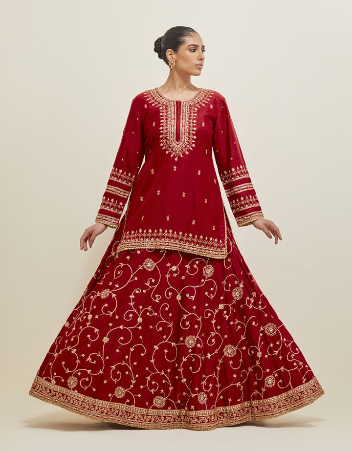 Deep Red  Embroidered Chanderi Lehenga Set
