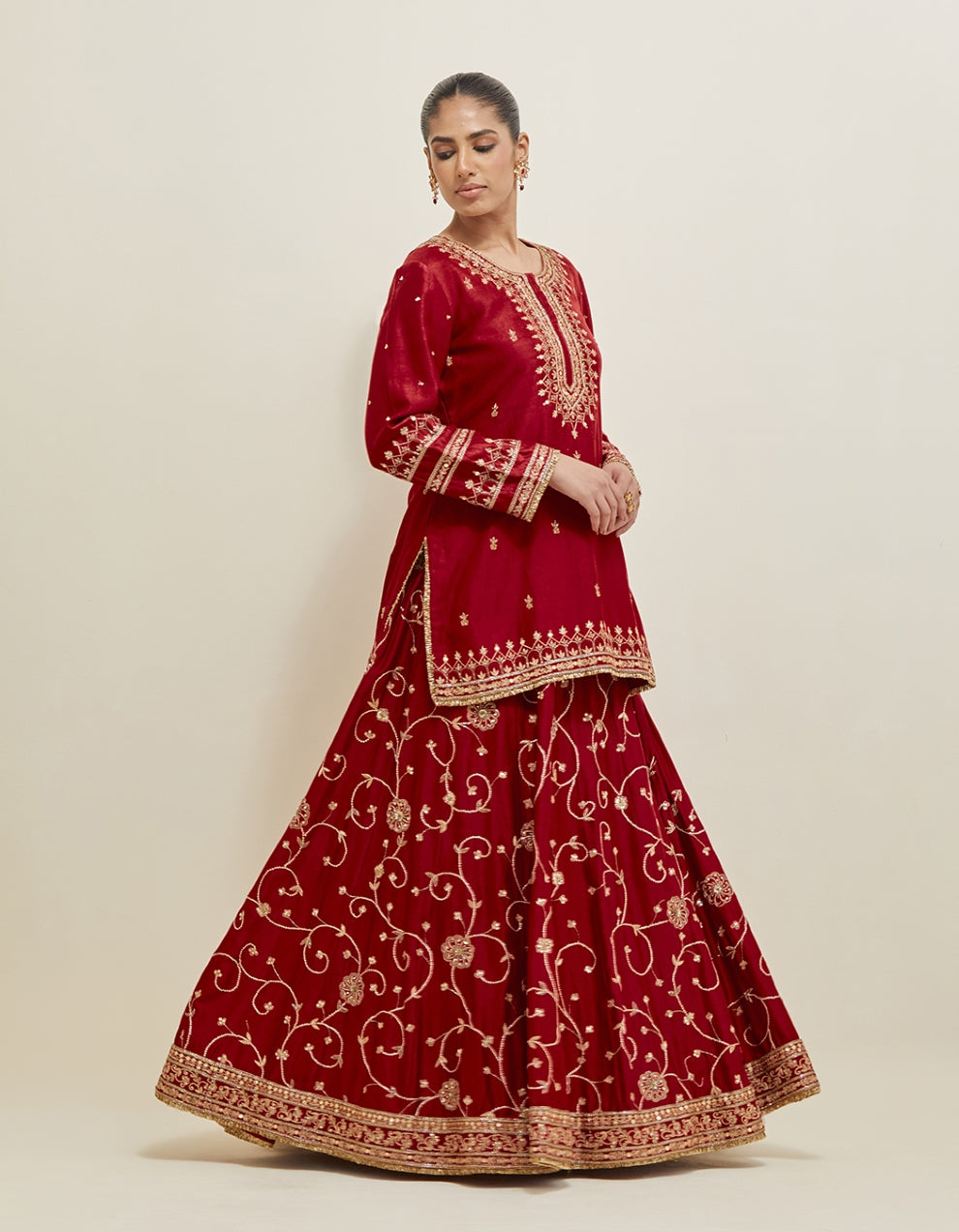 Deep Red  Embroidered Chanderi Lehenga Set