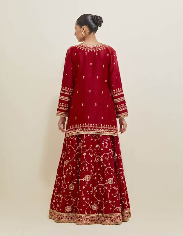Deep Red  Embroidered Chanderi Lehenga Set
