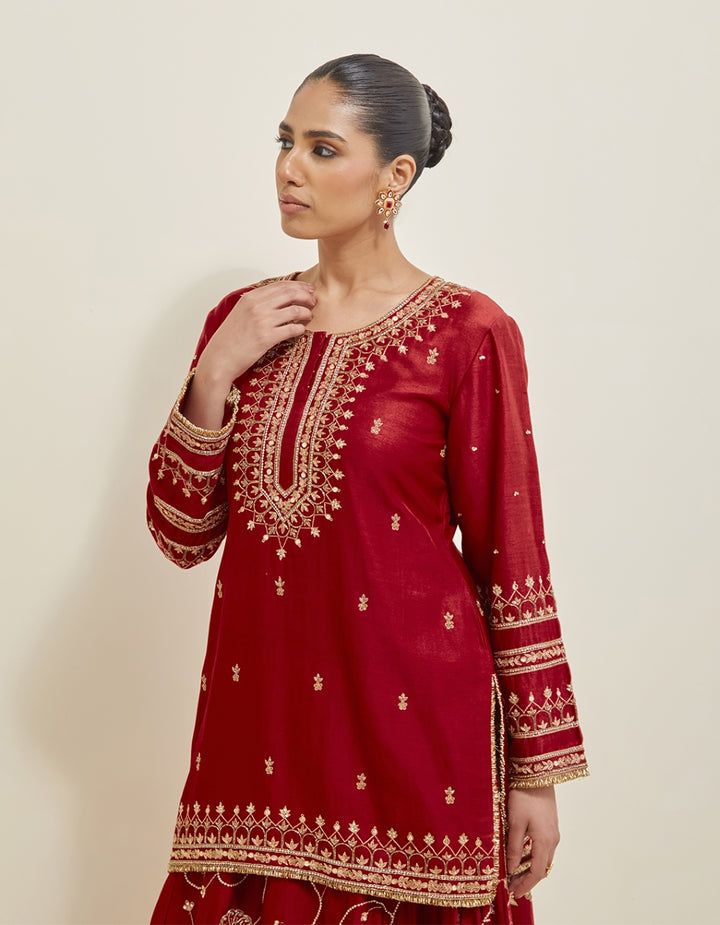 Deep Red  Embroidered Chanderi Lehenga Set