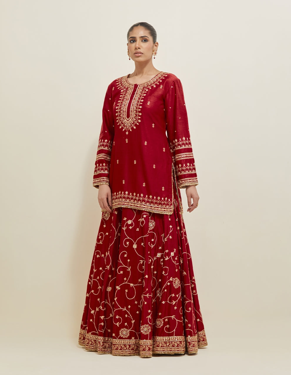 Deep Red  Embroidered Chanderi Lehenga Set