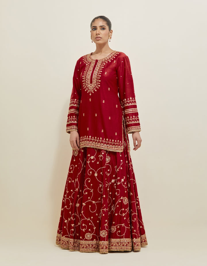 Deep Red  Embroidered Chanderi Lehenga Set