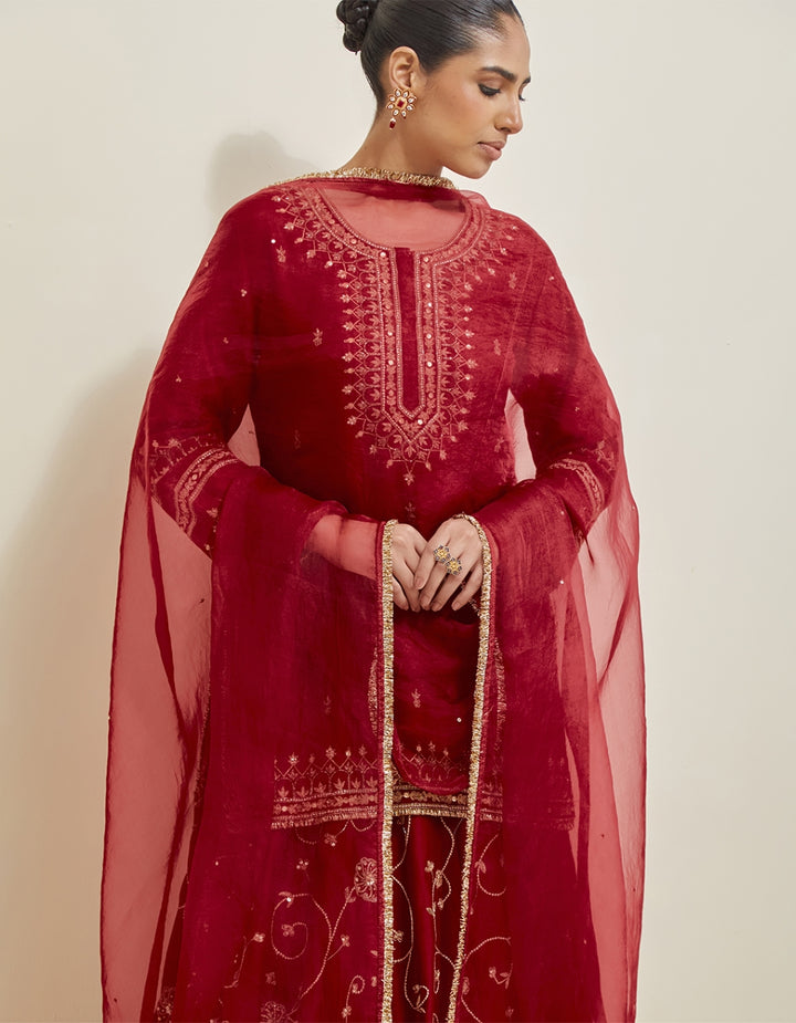 Deep Red  Embroidered Chanderi Lehenga Set