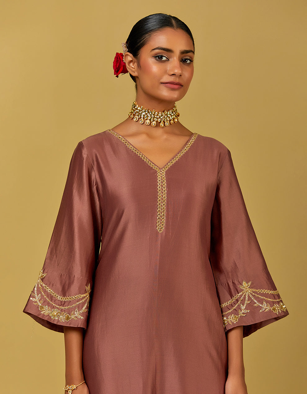 Dust Pink Embroidered Chanderi Silk Kurta With Pants And Dupatta
