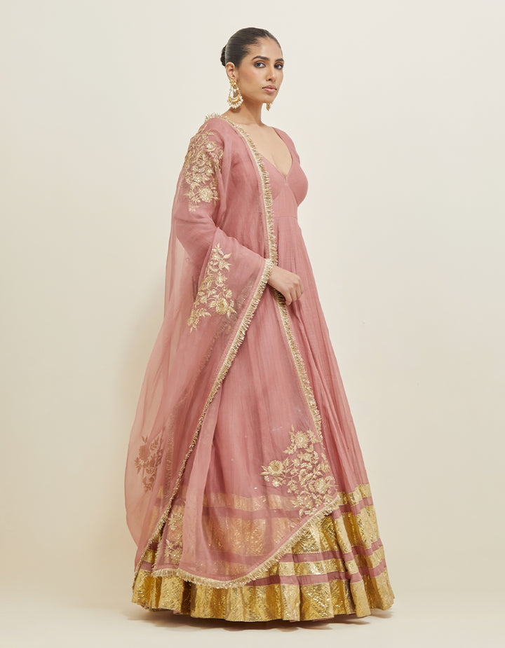 Dusty Rose Embroidered Chanderi Anarkali Set