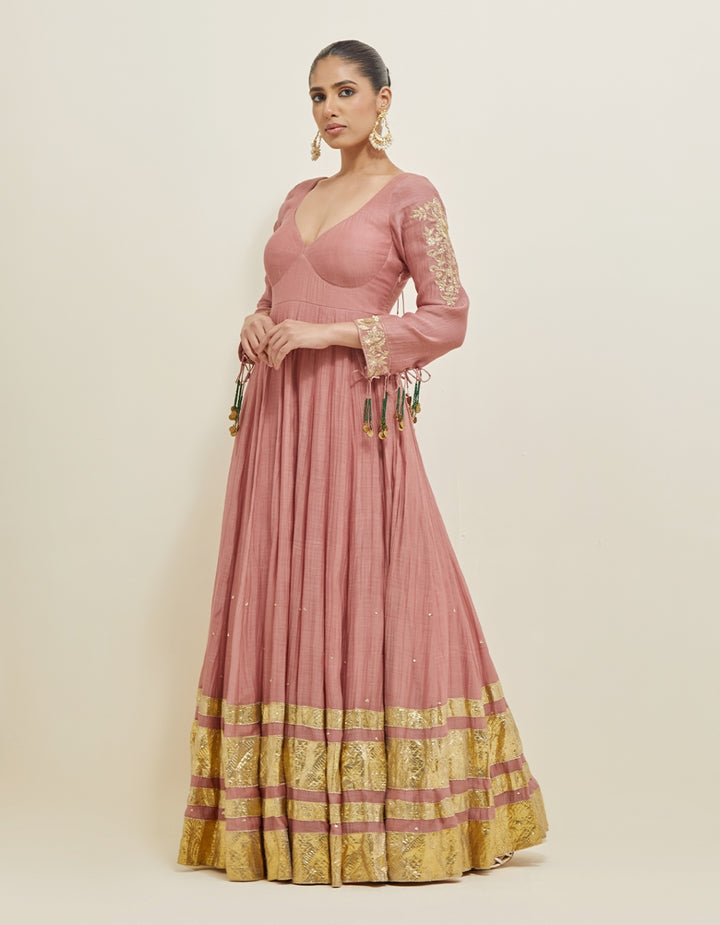 Dusty Rose Embroidered Chanderi Anarkali Set