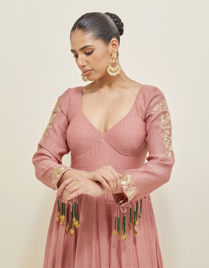 Dusty Rose Embroidered Chanderi Anarkali Set