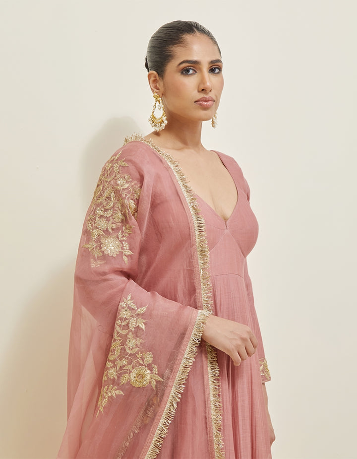 Dusty Rose Embroidered Chanderi Anarkali Set