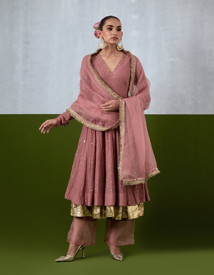 Dusty Rose Hand Embroidered Chanderi Anarkali Set