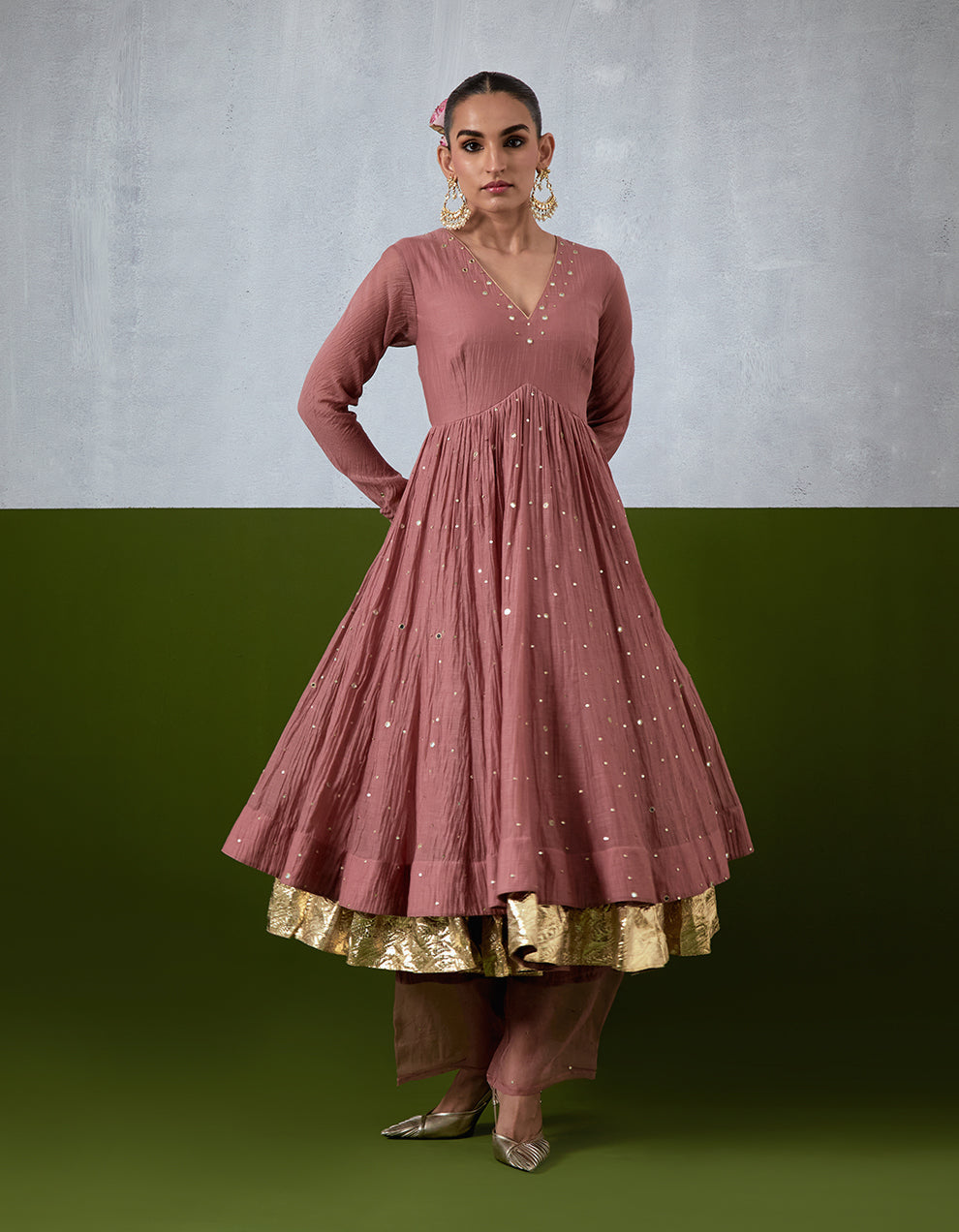 Dusty Rose Hand Embroidered Chanderi Anarkali Set