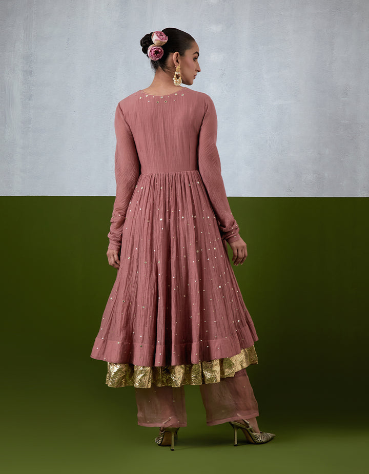 Dusty Rose Hand Embroidered Chanderi Anarkali Set