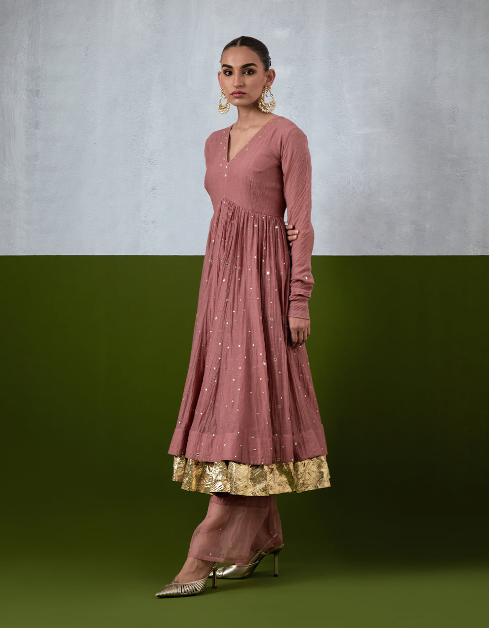 Dusty Rose Hand Embroidered Chanderi Anarkali Set