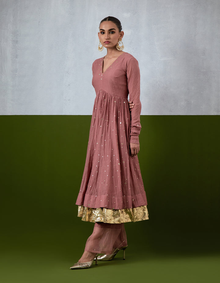 Dusty Rose Hand Embroidered Chanderi Anarkali Set