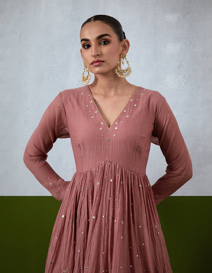 Dusty Rose Hand Embroidered Chanderi Anarkali Set
