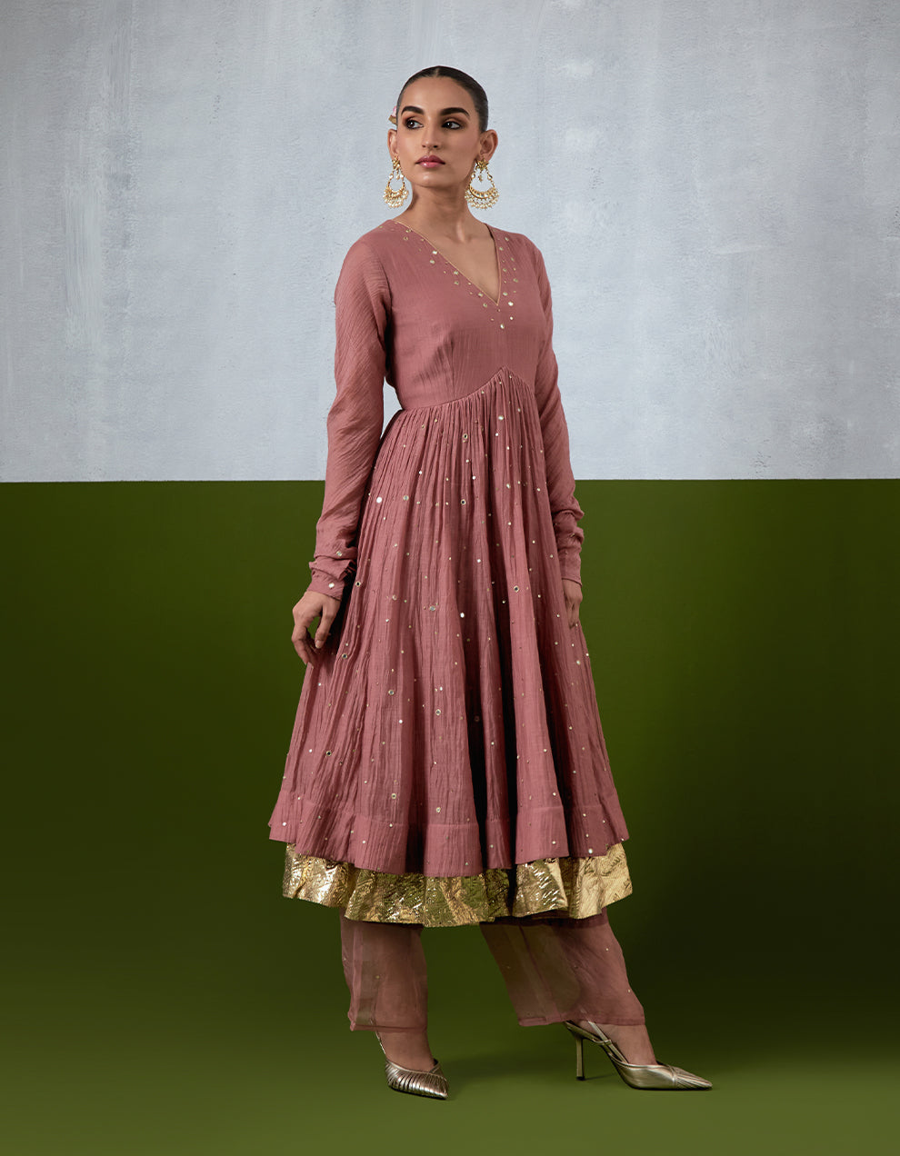 Dusty Rose Hand Embroidered Chanderi Anarkali Set