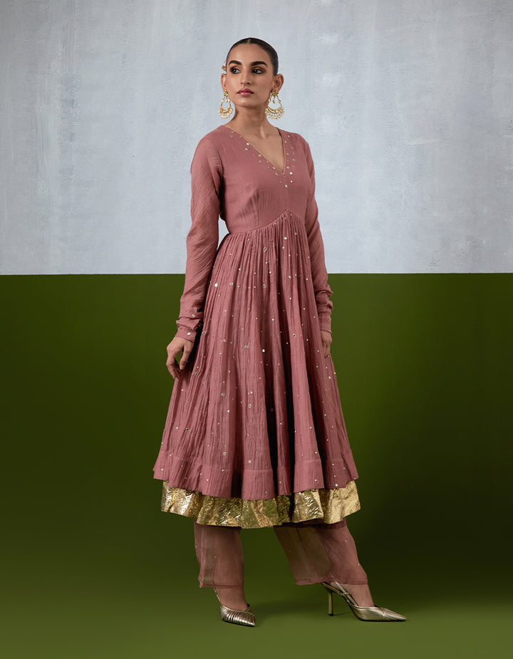 Dusty Rose Hand Embroidered Chanderi Anarkali Set