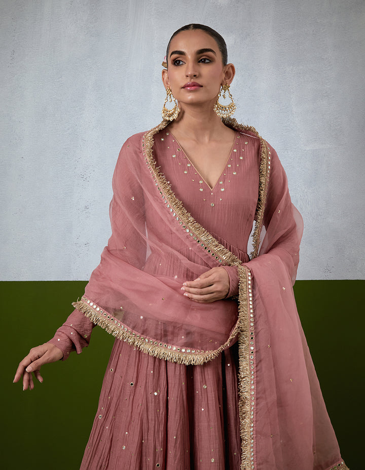 Dusty Rose Hand Embroidered Chanderi Anarkali Set