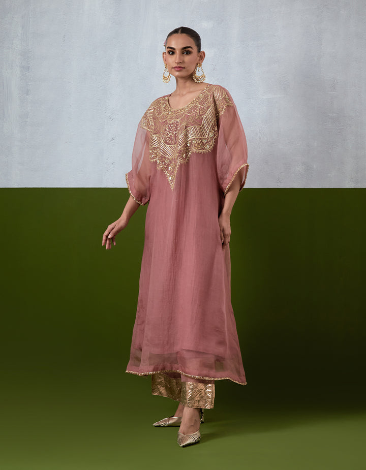 Dusty Rose Hand Embroidered Organza Kaftan Set