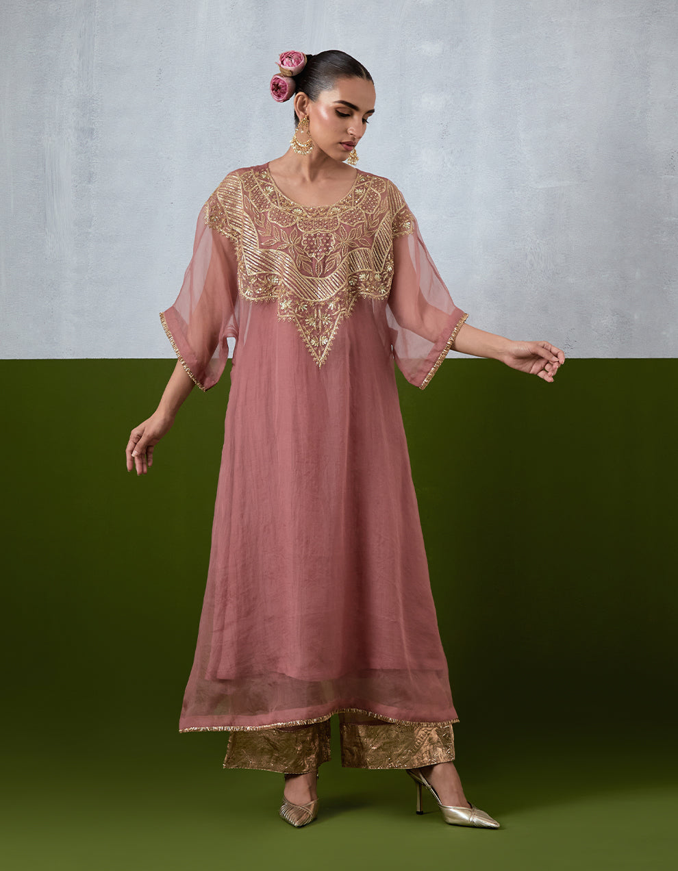 Dusty Rose Hand Embroidered Organza Kaftan Set