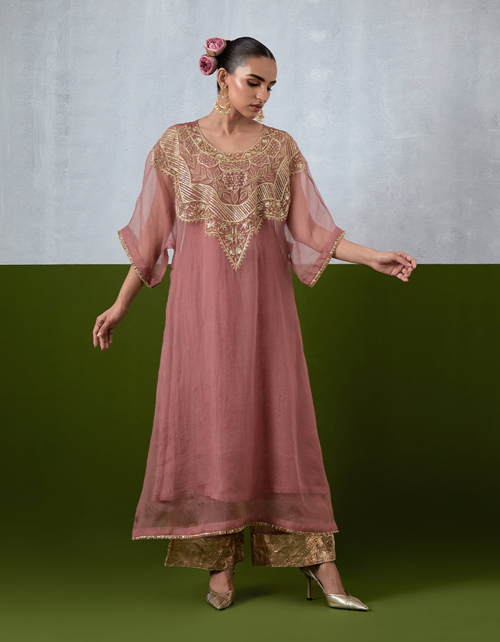 Dusty Rose Hand Embroidered Organza Kaftan Set