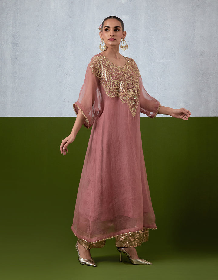 Dusty Rose Hand Embroidered Organza Kaftan Set