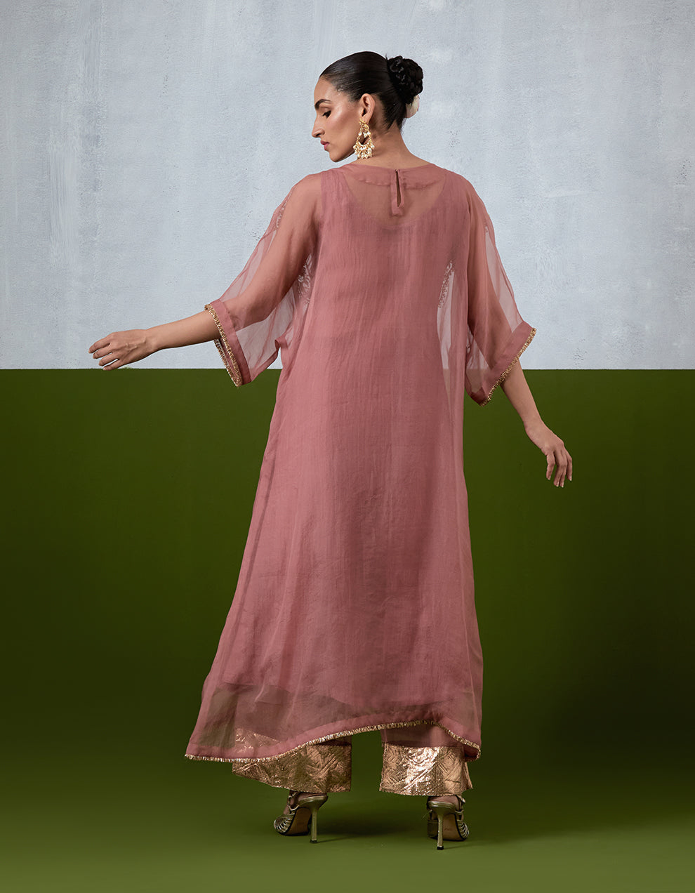 Dusty Rose Hand Embroidered Organza Kaftan Set