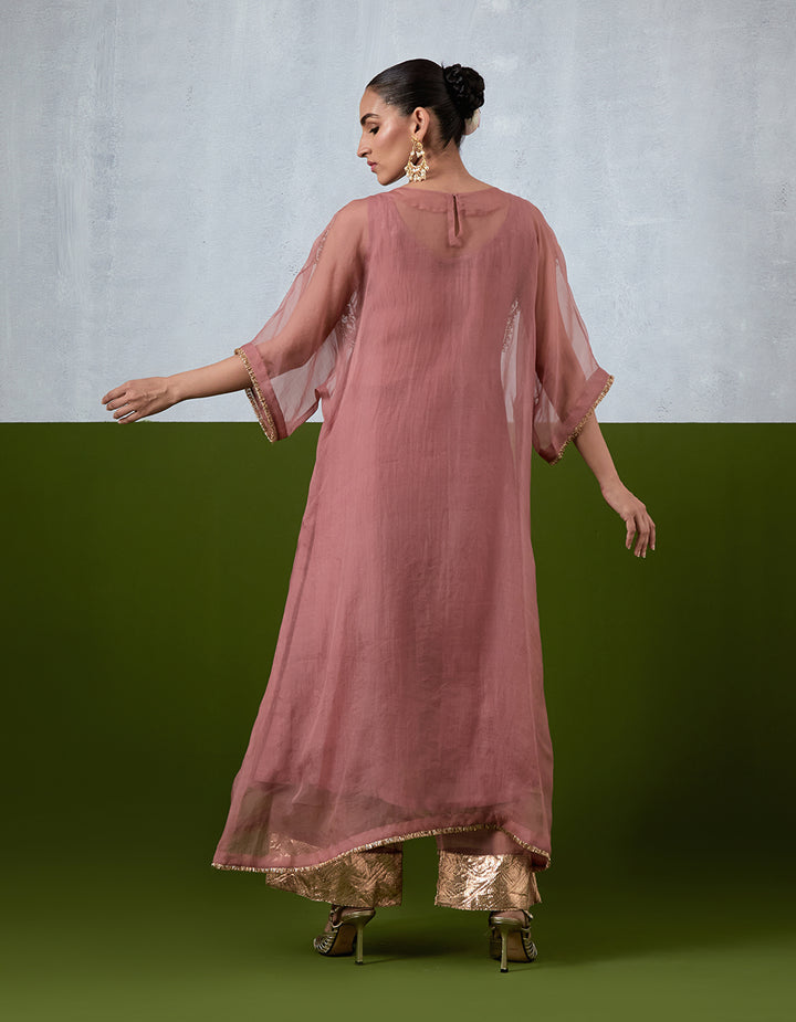 Dusty Rose Hand Embroidered Organza Kaftan Set